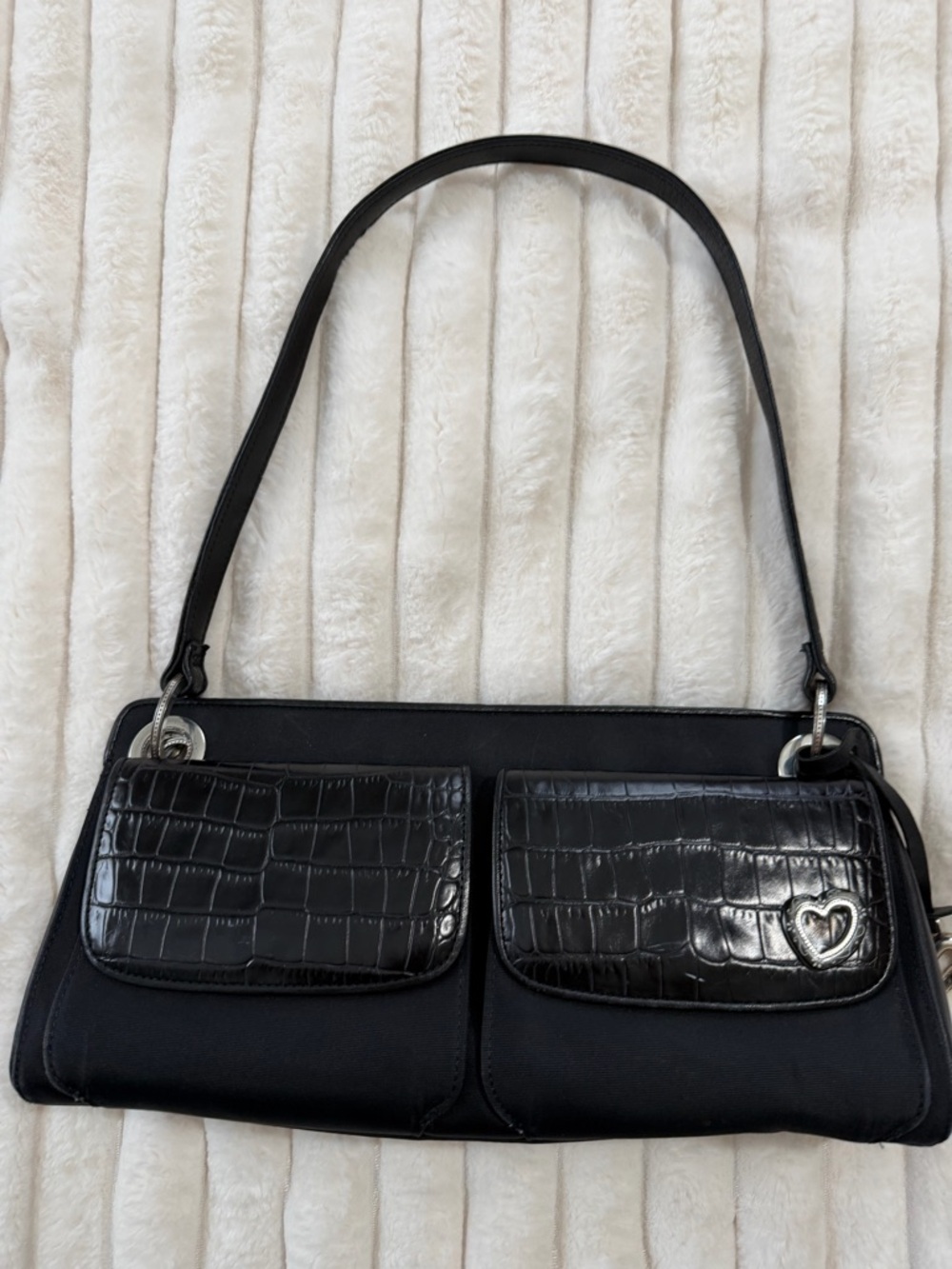 Brighton Black Shoulder Bag with Croc-Texture Flap Pockets and Heart Accent